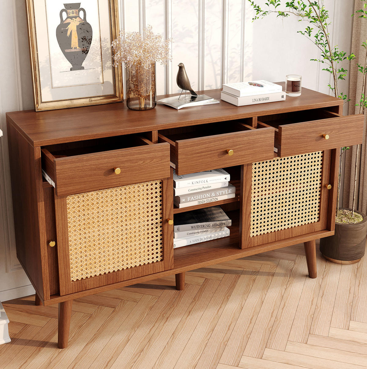 SIDEBOARD 120/40/78 cm aus MDF mit Rattangeflecht und 3 Schubladen Walnussfarben - Eichefarben, Holzwerkstoff (120/78/40cm) - Modenvie