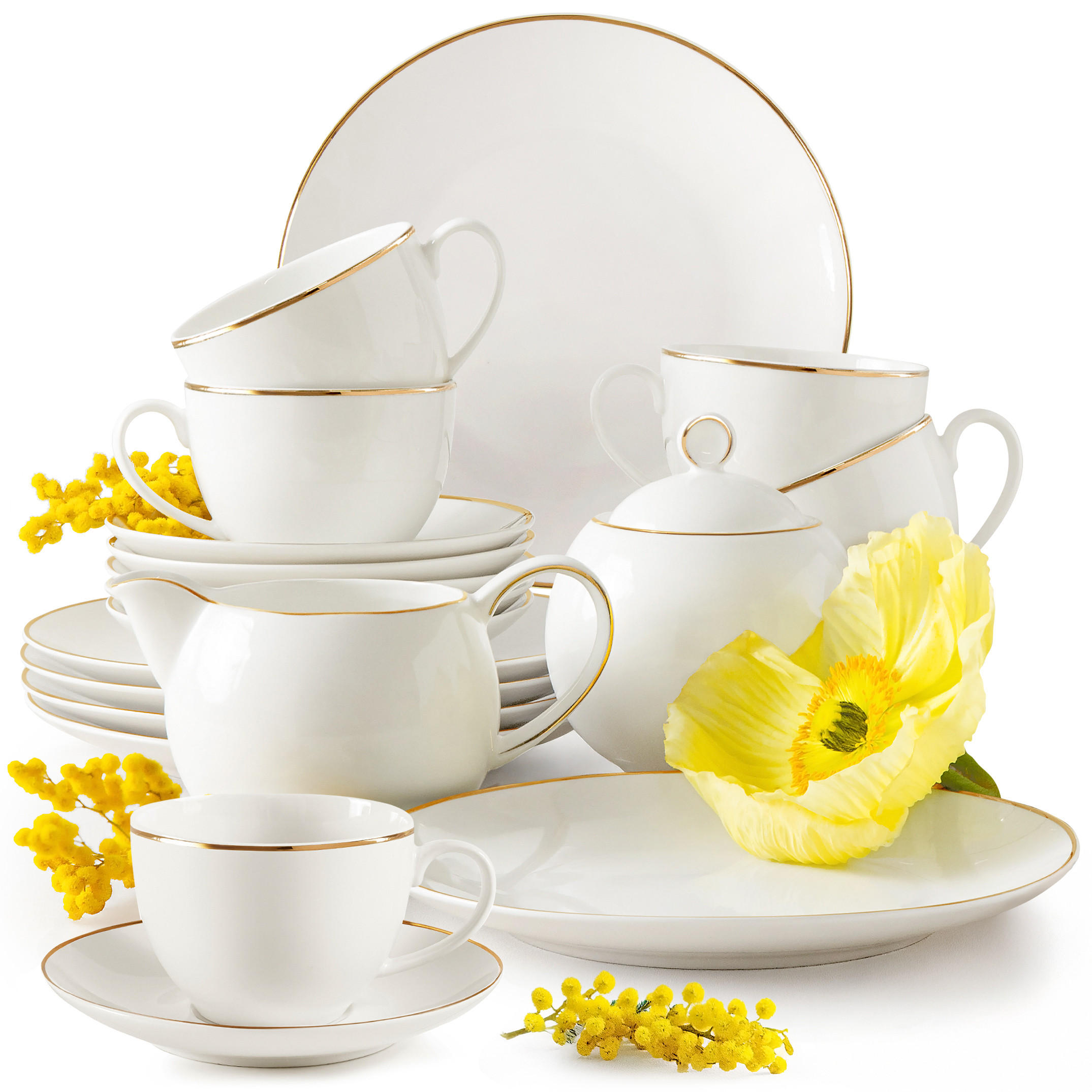 KAFFEESERVICE AD BELLA, 6 Personnen, 20-tlg - Ecru/Goldfarben, Keramik (20/13/20cm) - KONSIMO®