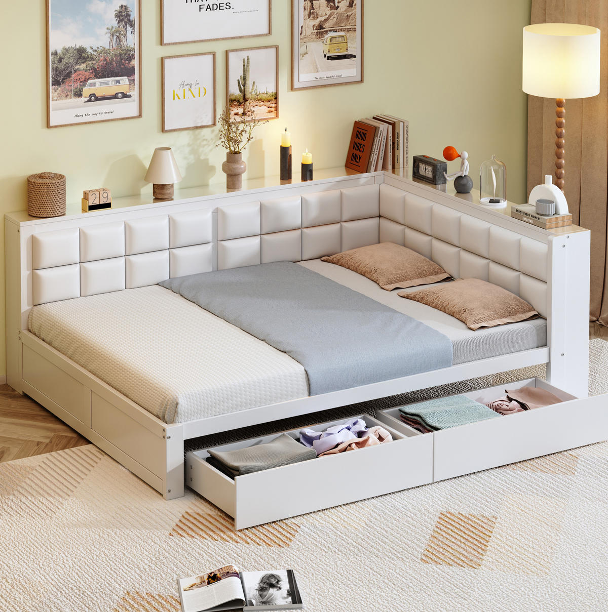 BETT mit Kopfteil 140/200 cm in Weiß – mit 2 Schubladen & inkl. Lattenrost - Weiß, Holz (140/200cm) - BEAOK