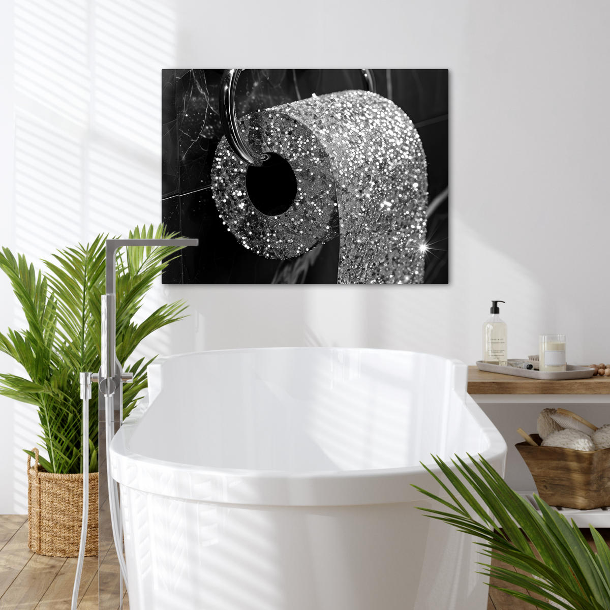 LEINWANDBILD WC - Toilettenpapier - Schwarz und weiß - Glitter Wandbilder 80x60 cm - Silberfarben, Textil (80/60cm) - MuchoWow