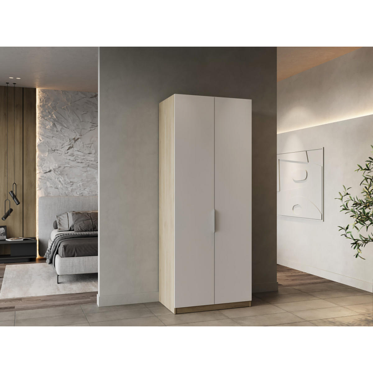 KLEIDERSCHRANK Zweitürig - GHOST - Weiß und Eiche -79,4 x 51,1 x 203 cm - Weiß/Sonoma Eiche, Holz (79/203/51cm) - Demeyere