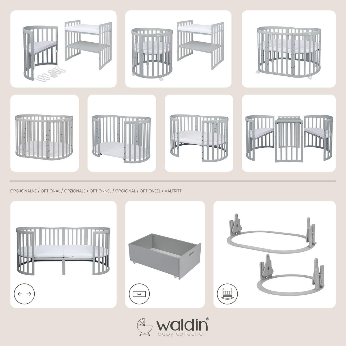 BABYBETT GREY OVAL 7in1 mit Matratze - Grau, Holz/Textil (73/125cm) - waldin