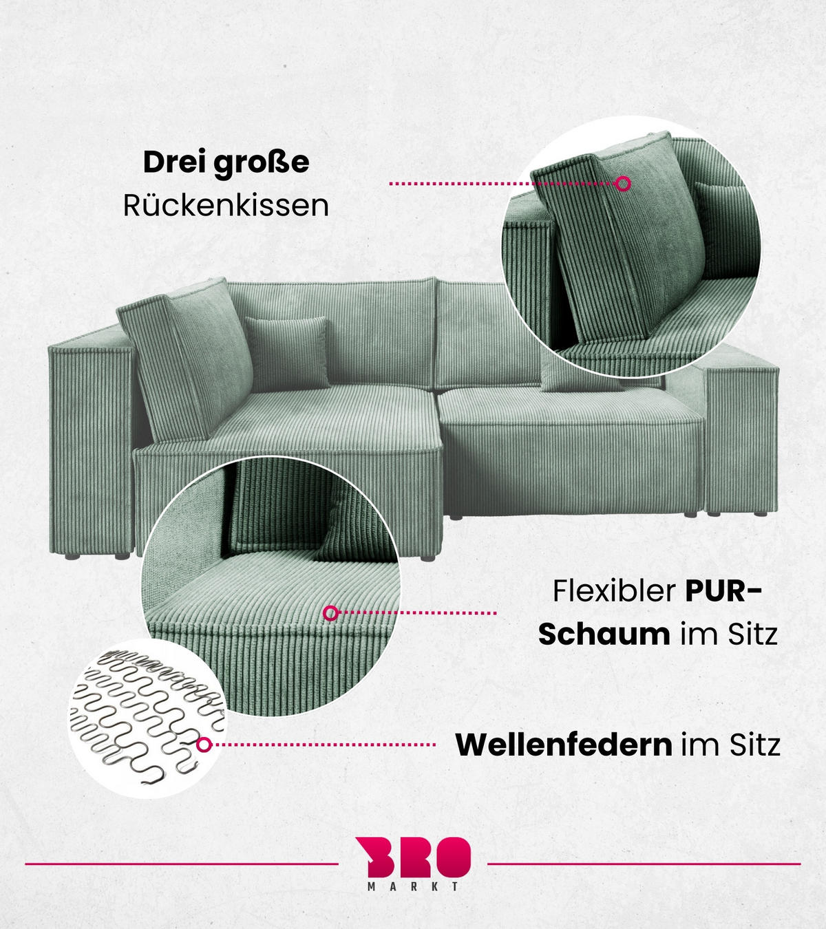 ECKSOFA Pedro Duo mit Schlaffunktion Grün Cord - Grün, Textil (246/153cm) - Bromarkt