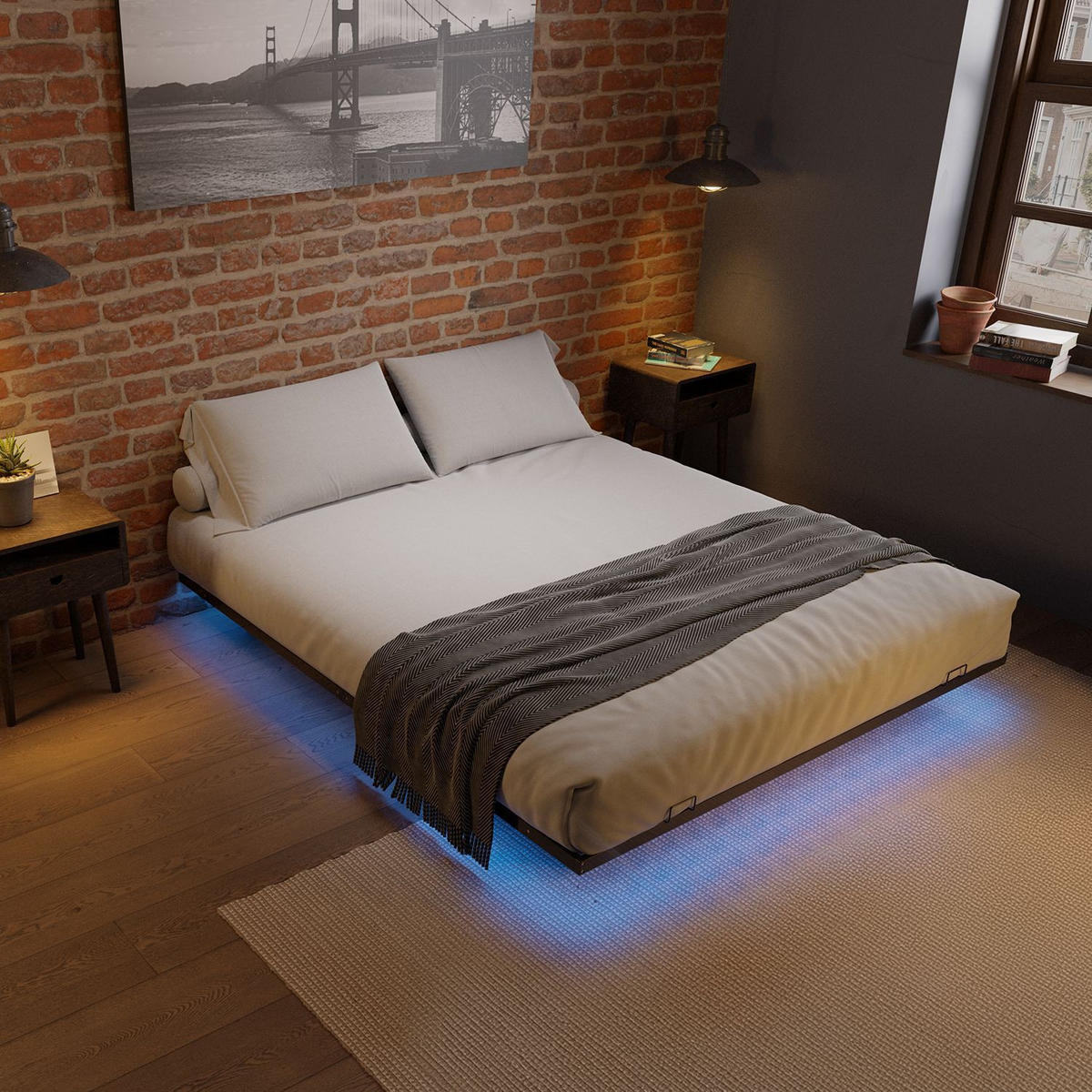 METALLBETT Palamos 180x200 cm mit LED und Matratze - Schwarz, Metall (180/200cm) - Juskys