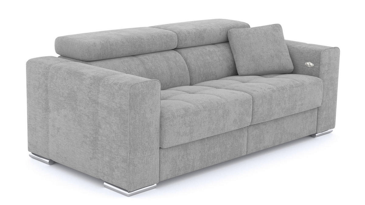 SOFA QUARTZ 3-Sitzer mit 1 Relaxfunktion, hellgrau - Silberfarben/Hellgrau, Holzwerkstoff/Textil (204/80/102cm) - Courtois Laville