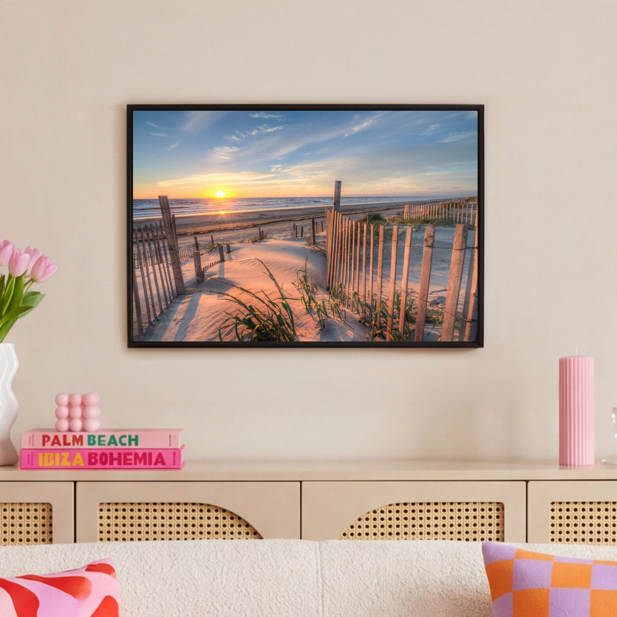 LEINWAND Bilder mit Rahmen - Strand - Meer - Düne - Sonnenuntergang - Landschaft - 60x40 - Beige, Textil (60/40cm) - MuchoWow