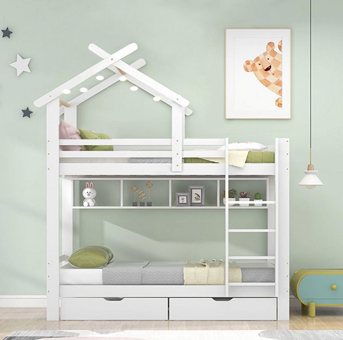 ETAGENBETT 90/200 cm mit Schubladen, Regalen, rechtwinkliger Leiter und Kiefernholzrahmen, Weiß - Weiß, Holzwerkstoff (90/200cm) - Redom