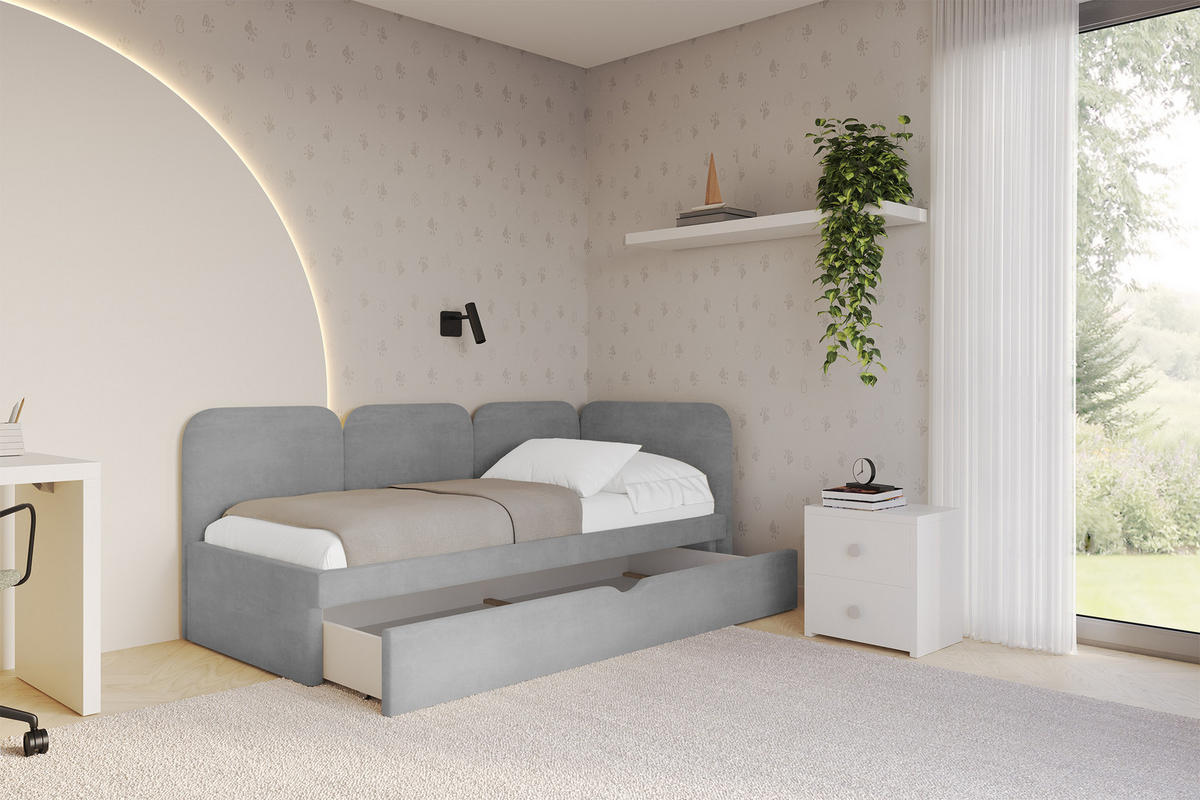 EINZELLBETT Jugendbett mit Bettkasten, Links - ALVY 100x200 Grau - Hellgrau, Holzwerkstoff/Textil (100/200cm) - ALTDECOR