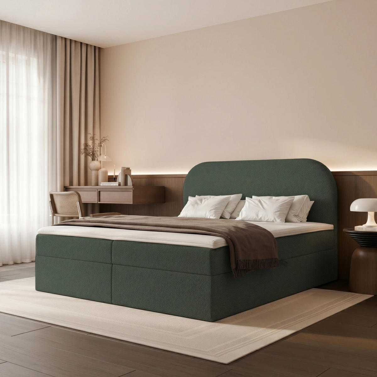 BOXBETT FUZZI 180x200 cm Graugrün (Bouclé-Stoff) - mit 2 Bettkästen, Bonellmatratze und weichem Kopfteil - Grau/Grün, Holzwerkstoff/Textil (180/200cm) - Ravio