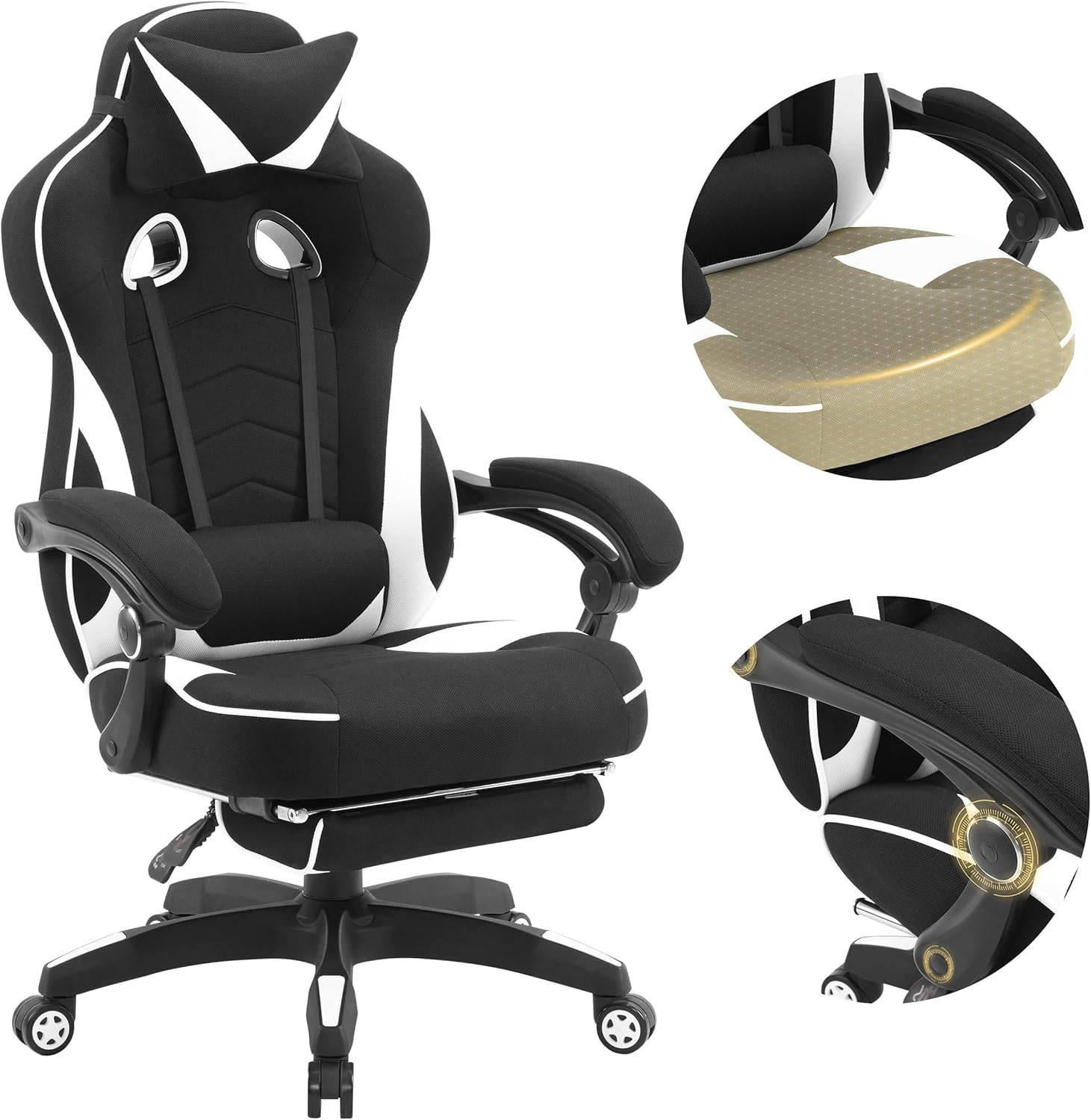 GAMINGSTUHL Stoff Stoff Kühl im Sommer Ergonomischer, 150 kg Belastbarkeit - Schwarz/Weiß, Kunststoff/Textil (70/128/70cm) - Woltu