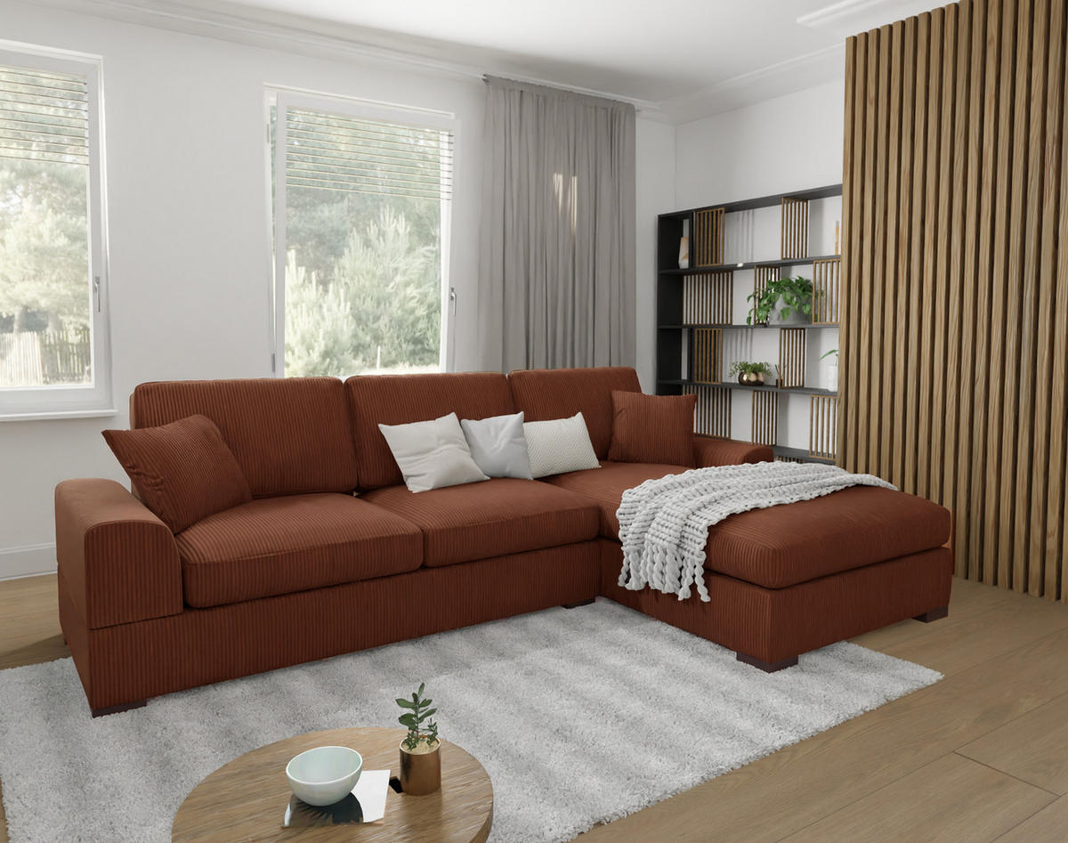 ECKSOFA Saga Terrakotta Cord - Terracotta/Schwarz, Holz/Buchenholz (306/184cm) - S-Style Möbel