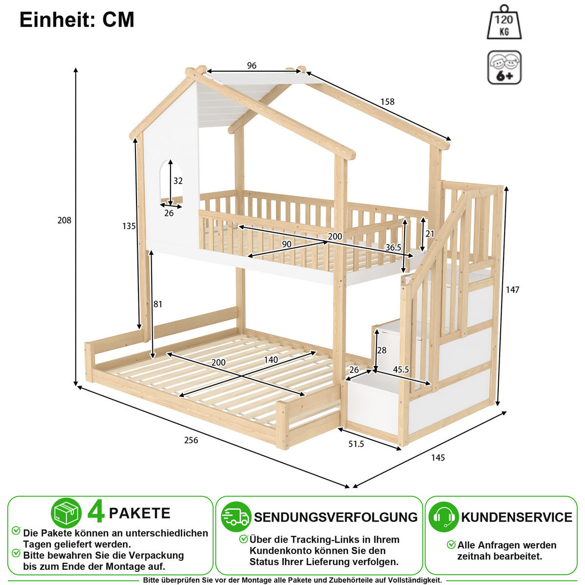 ETAGENBETT 90/200 cm & 140/200 cm in Natur & Weiß mit Stauraumleiter, Fenster und Hausleiste - Weiß/Naturfarben, Holz/Holzwerkstoff (90/200cm) - CHICFURN