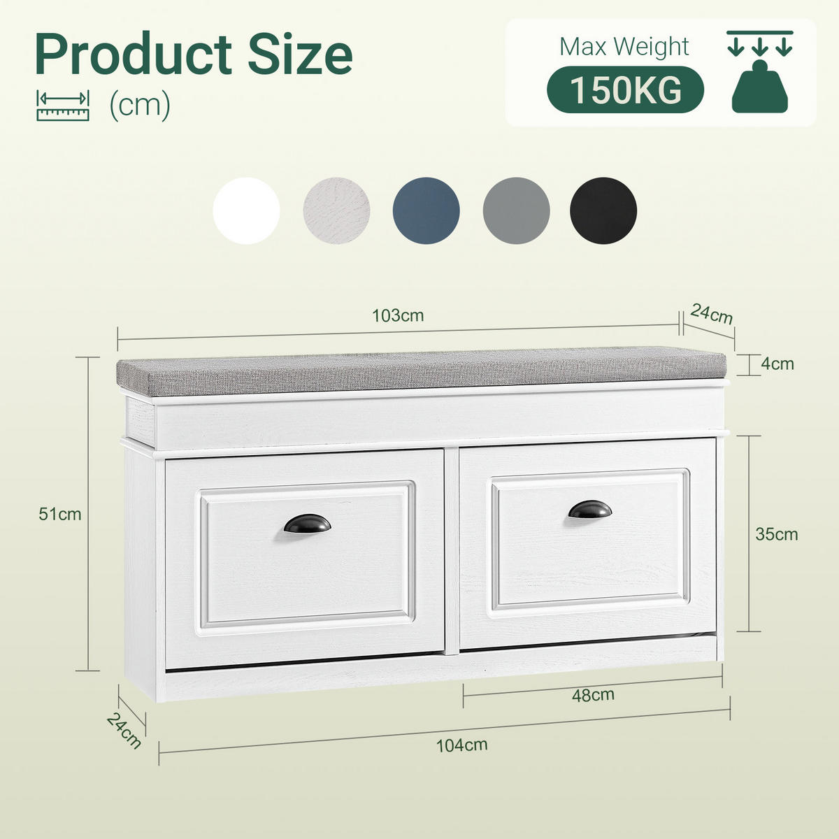 SCHUHBANK weiß, 104x52x24 cm, graues Sitzpolster, 8 Paar + Schublade, bis 150 kg - Weiß, Holzwerkstoff (104/54/24cm) - SoBuy