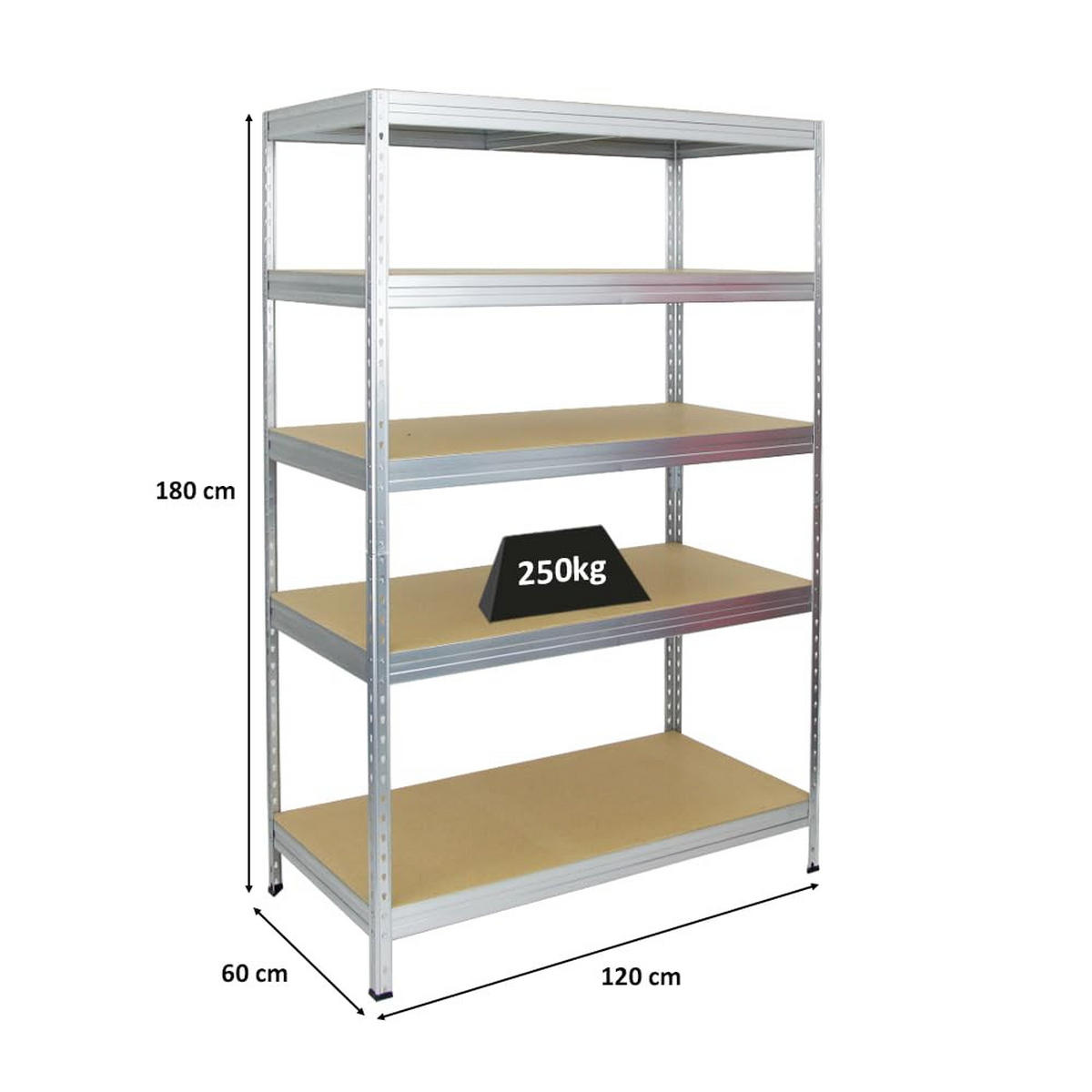 SCHWERLASTREGAL Rivet 180x120x60 cm Fachlast 250 kg Innovatives Stecksystem Verzinkt - Silberfarben, Metall (120/180/60cm) - PROREGAL