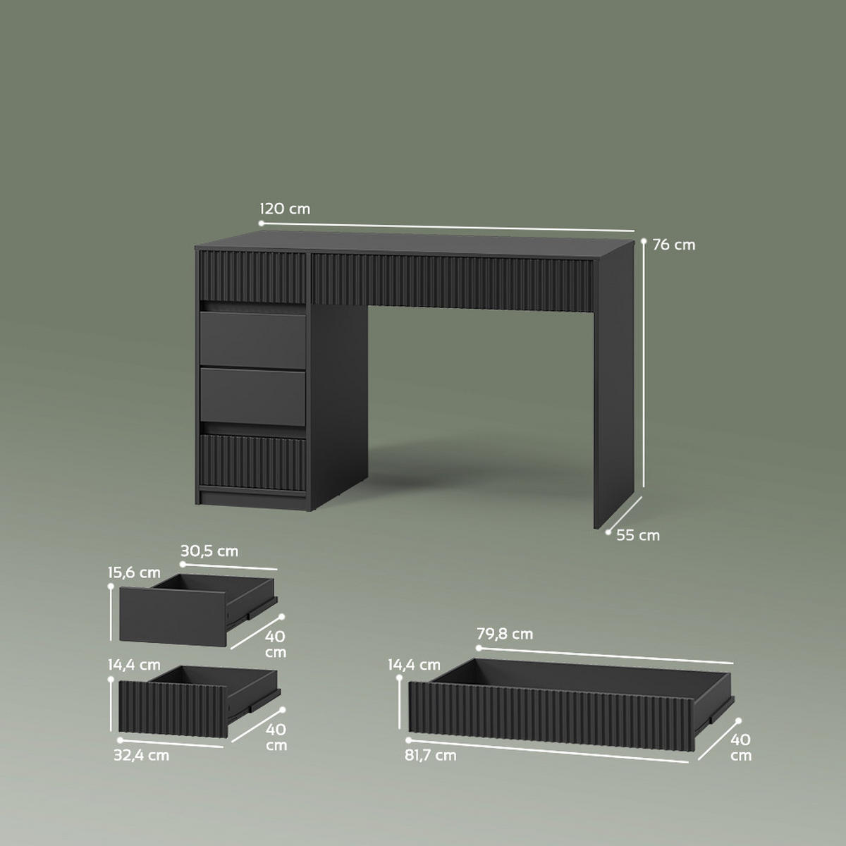 SCHMINKTISCH Allia Schwarz ohne Spiegel - Schwarz, Holzwerkstoff (55/120/76cm) - Livinity®