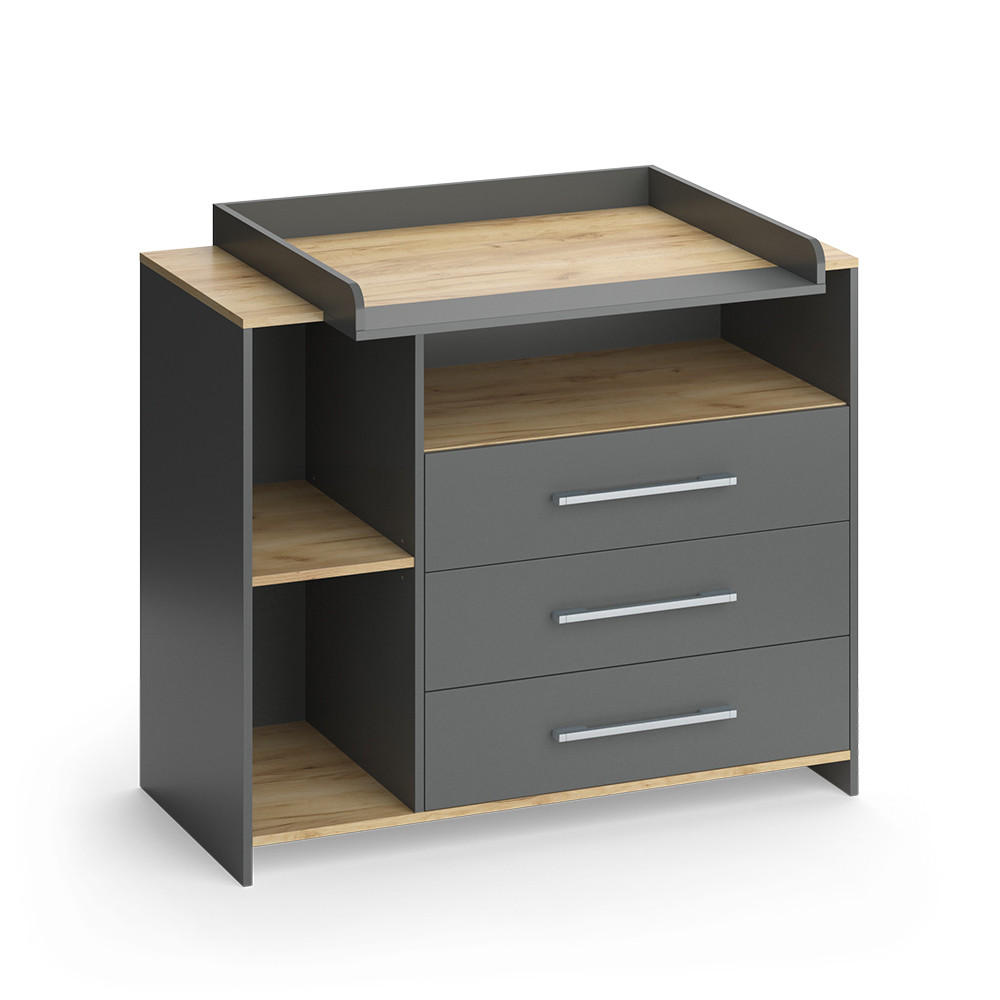 WICKELKOMMODE Oskar Anthrazit/Goldkraft Eiche 113 x 93 cm mit 3 Schubladen - Anthrazit/Eiche Wotan, Holzwerkstoff (113/93/53.1cm) - Vicco