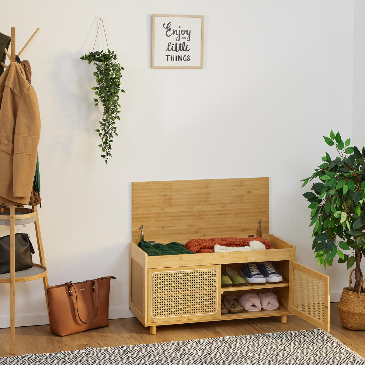 SCHUHBANK - Hellbraun, Holz/Kunststoff (90/45/37cm) - Relaxdays