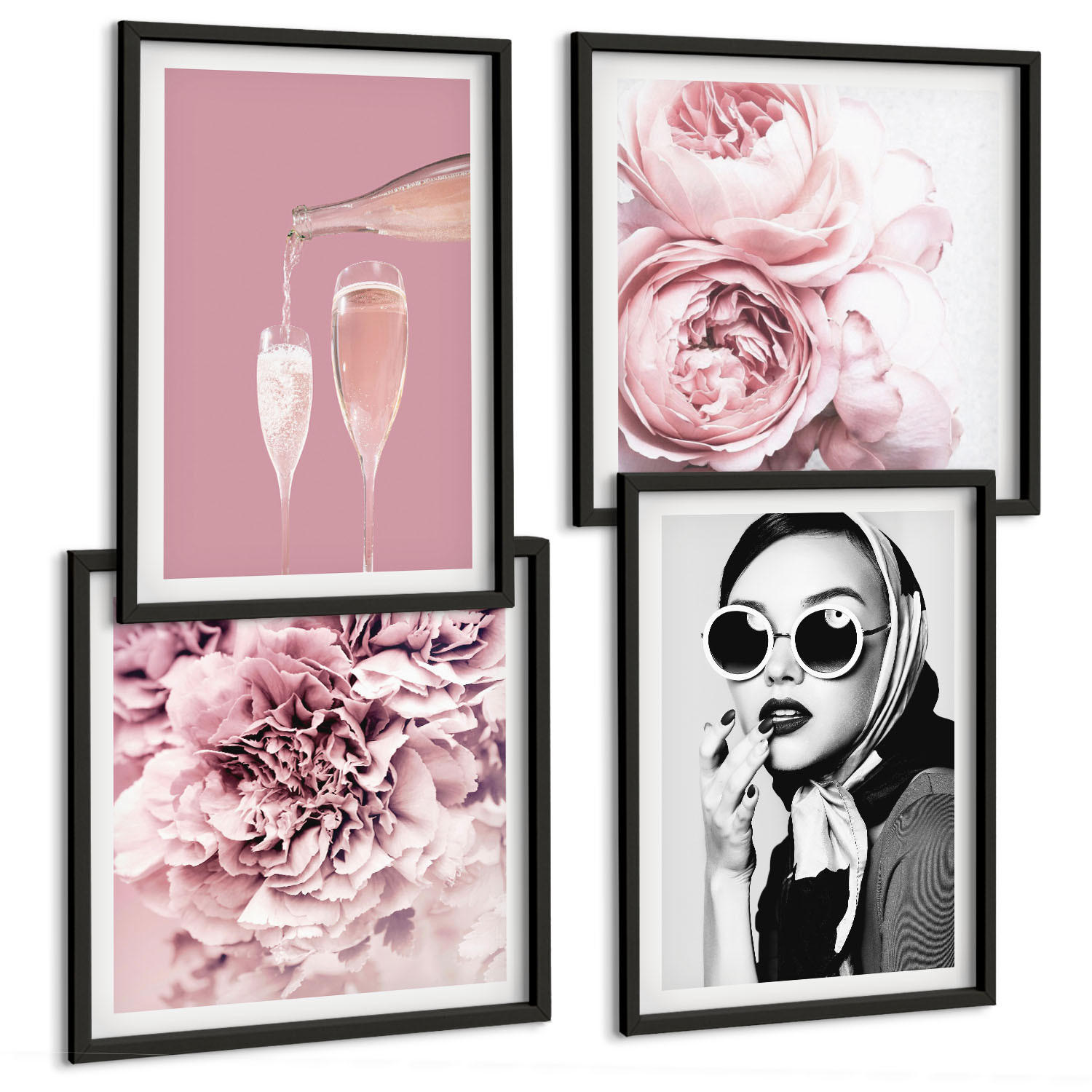 BILDER SET 4er Set - 50x50 cm & 40x60 cm Schwarzer Rahmen - Blumen, Pfingstrosen, Rosen, Eleganz - Schwarz, Kunststoff (50/50cm) - TULUP