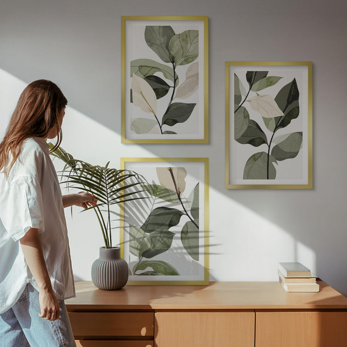 WANDBILDER 3er Set - 40x60 cm Goldrahmen - Bemalte Boho-Pflanzenblätter - Goldfarben, Kunststoff (40/60cm) - ArtPrintCave
