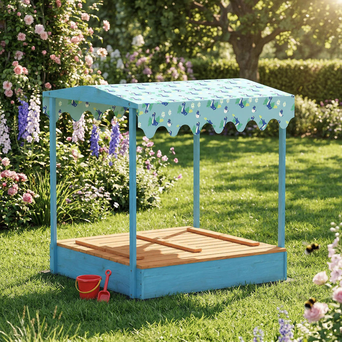 SANDKASTEN DE-18760 mit Klappbänken & Flamingo-Sonnensegel Blau - Blau, Holzwerkstoff (134.5/127.5/130cm) - ComfortXL