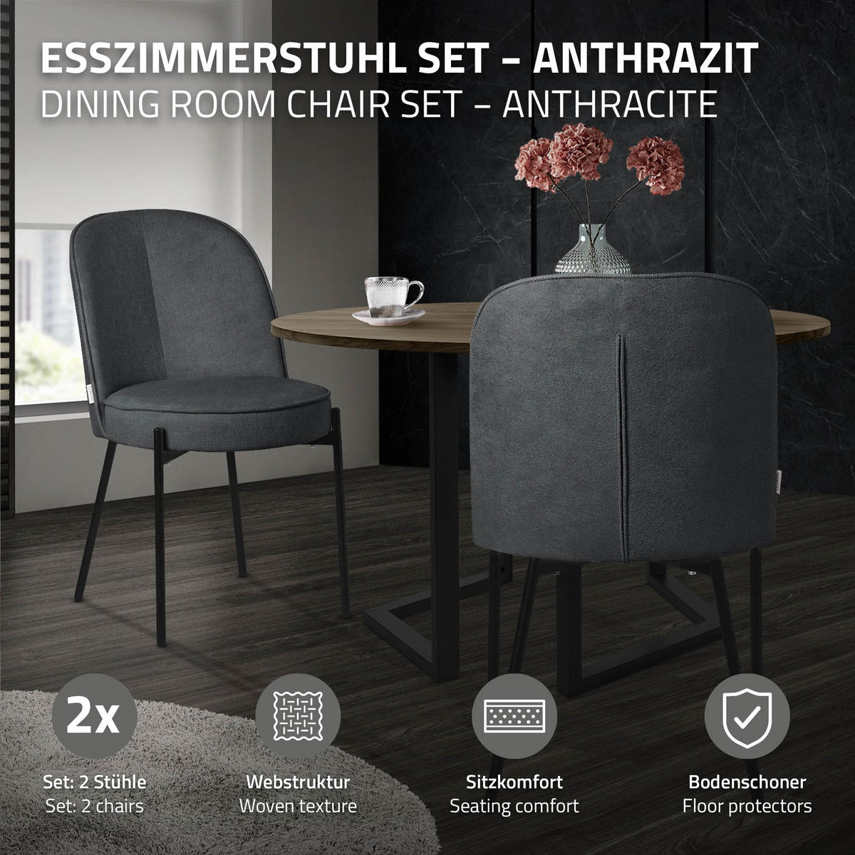 JÍDELNÍ ŽIDLE, sada 2 ks, antracitová, s látkovým potahem - černá/antracitová, kov/textil (50/83/63cm) - ML-DESIGN