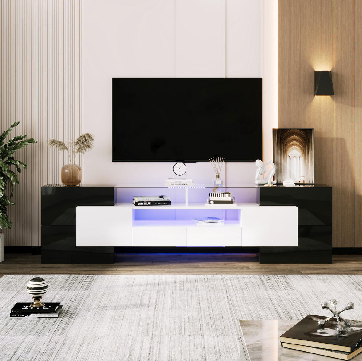TV ormarić 200/35/60 cm crno-bijeli od iverice i MDF-a s LED rasvjetom i staklenom površinom - crna, drvni materijal (200/60/35cm) - OKWISH