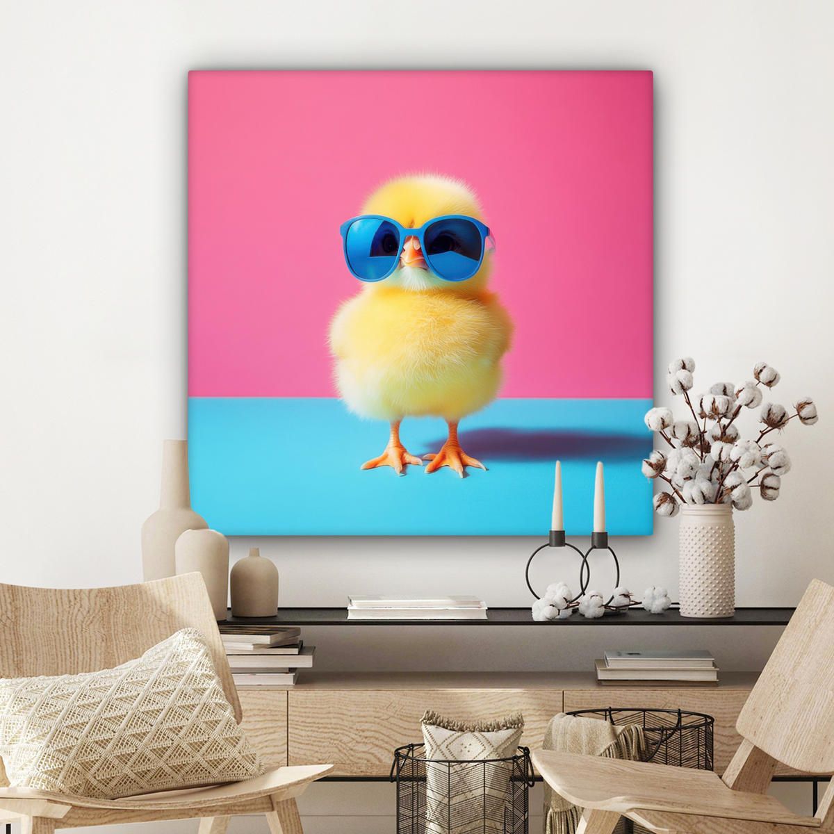 LEINWANDBILD Chick - Sonnenbrille - Blau Deko Groß 90x90 cm - Pink/Gelb, Textil (90/90cm) - MuchoWow