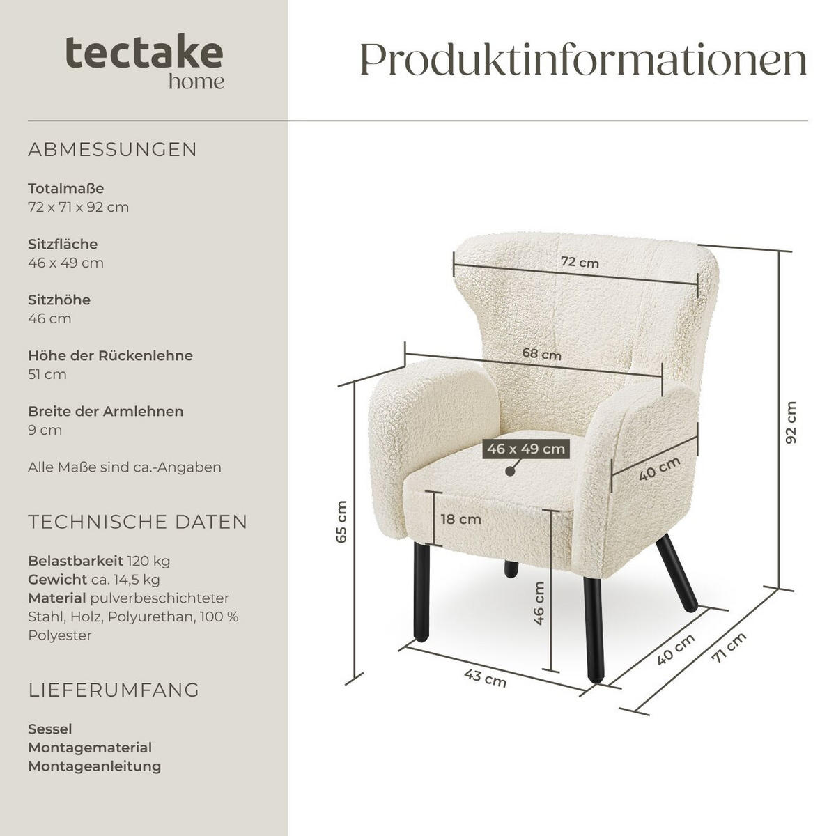 SESSEL Vänersborg,72 x 71 x 92 cm,creme - Creme, Textil (72/92/71cm) - tectake