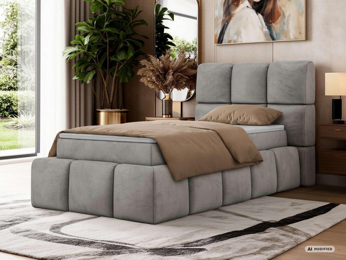 BOXBETT NIRA 90/200 - Hellgrau Velvet - Topper Visco - H3 - Hellgrau/Schwarz, Kunststoff/Textil (200/90cm) - MKS