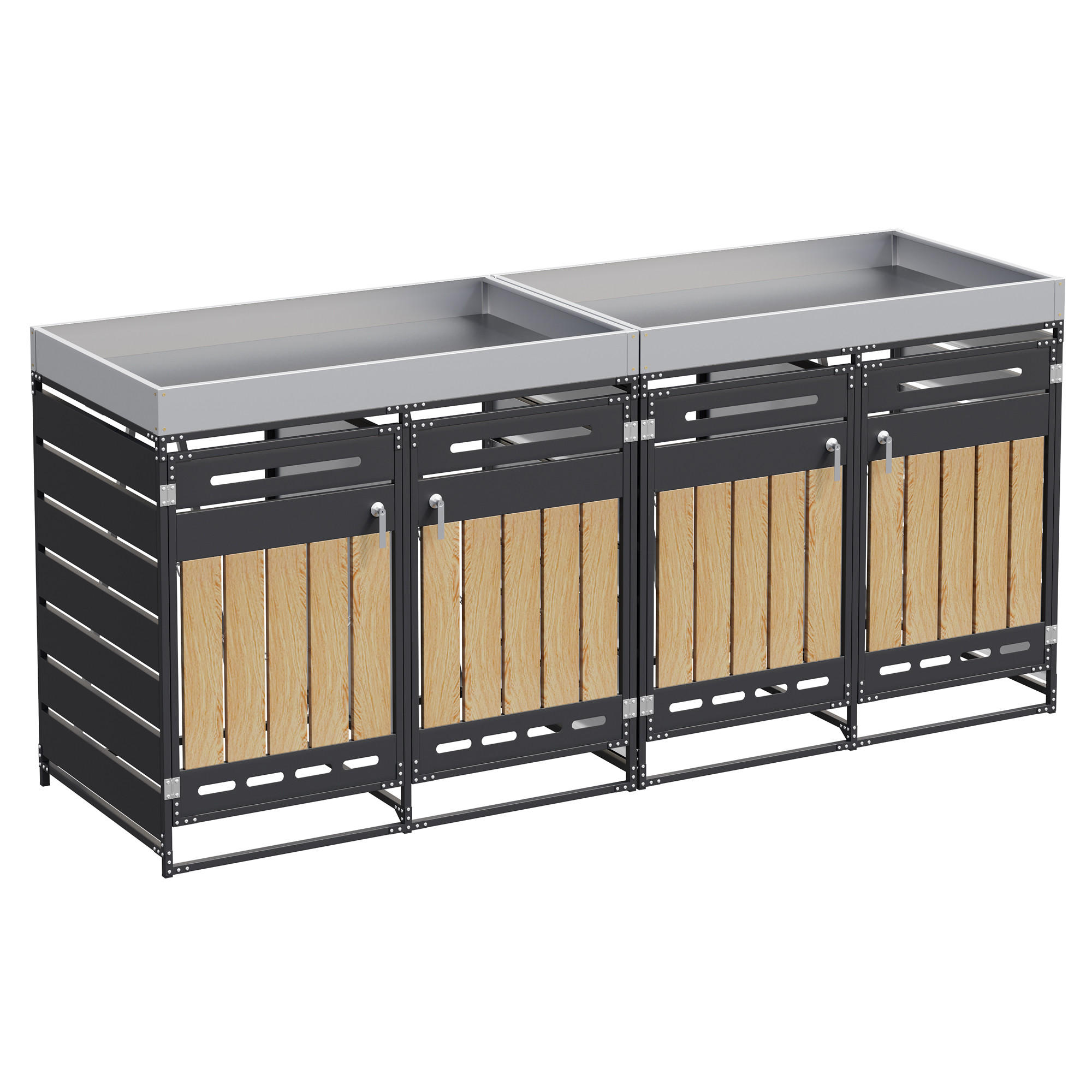 MÜLLTONNENBOX mit Pflanzkasten,Vertikale Holzmaserungspaneele 4er-Set - Grau, Metall (262/120/79cm) - PARAFTA HOME
