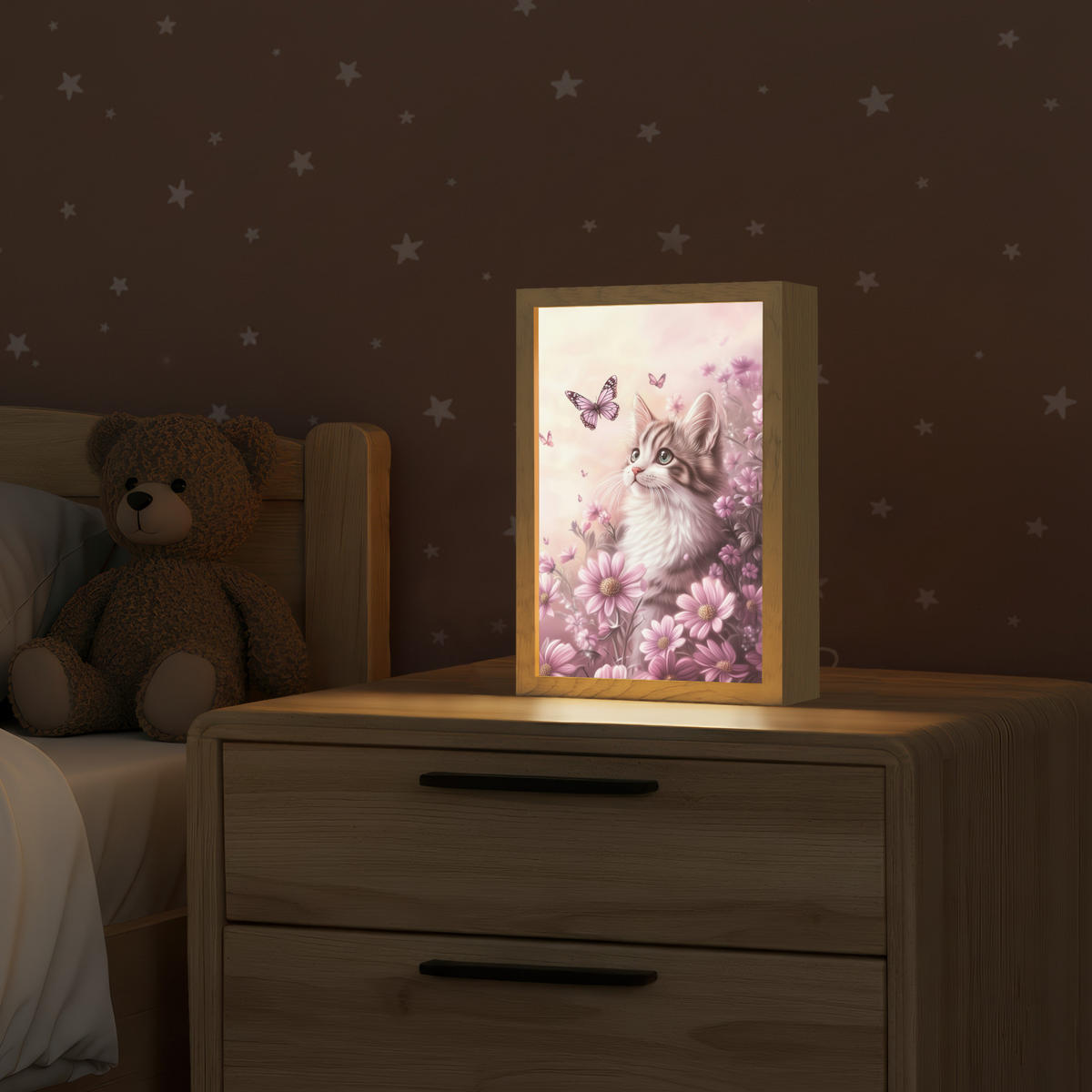 NACHTTISCHLAMPE Kätzchen - Blumen - Schmetterlinge - Lila 20x30 cm - Altrosa, Holzwerkstoff (8/20/30cm)
