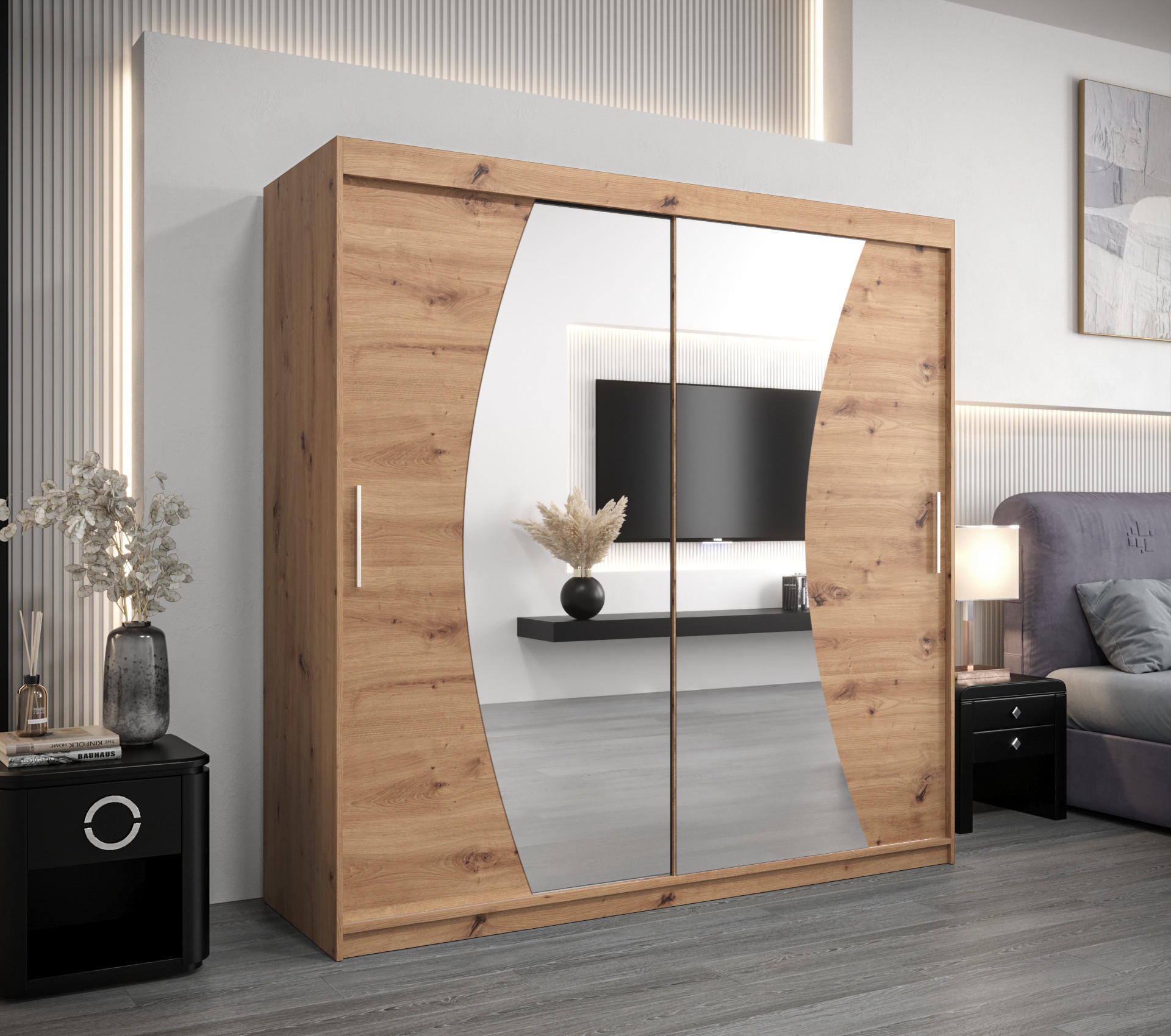 SCHWEBETÜRENSCHRANK 200/200/62 2-türig - Silberfarben/Eiche Artisan, Holz/Kunststoff (200/200/62cm) - MÖBEL KRYSPOL
