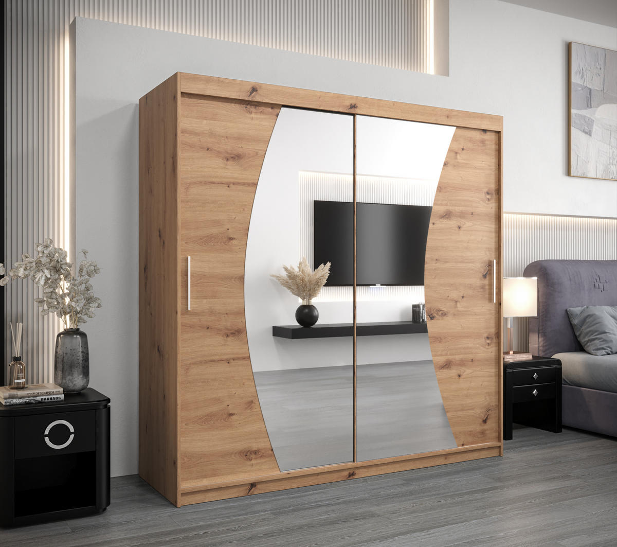 SCHWEBETÜRENSCHRANK 200/200/62 2-türig - Silberfarben/Eiche Artisan, Holz/Kunststoff (200/200/62cm) - MÖBEL KRYSPOL