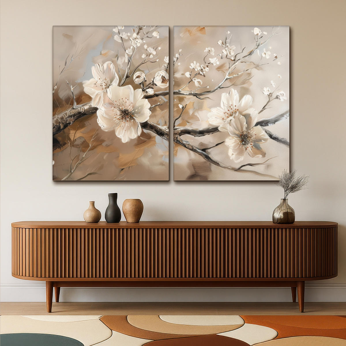 LEINWANDBILD 2er Set Blüte - Beige - Abstrakt - Blumen 180x120 cm - Hellbraun, Textil (180/120cm) - MuchoWow