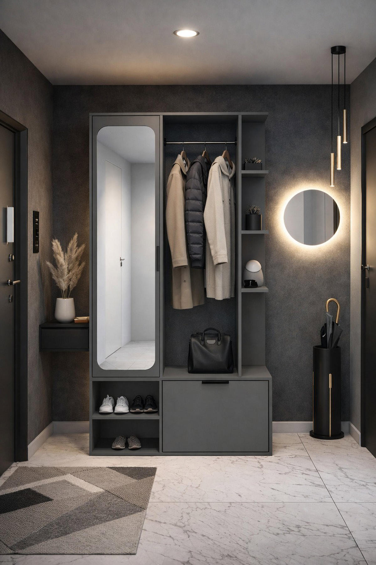 GARDEROBE Mela mit Spiegel, Sitzbank & Kleiderstange – 100/189/33 cm – Grau - Schwarz/Grau, Holzwerkstoff/Metall (100/189.4/33cm) - WFL GROUP