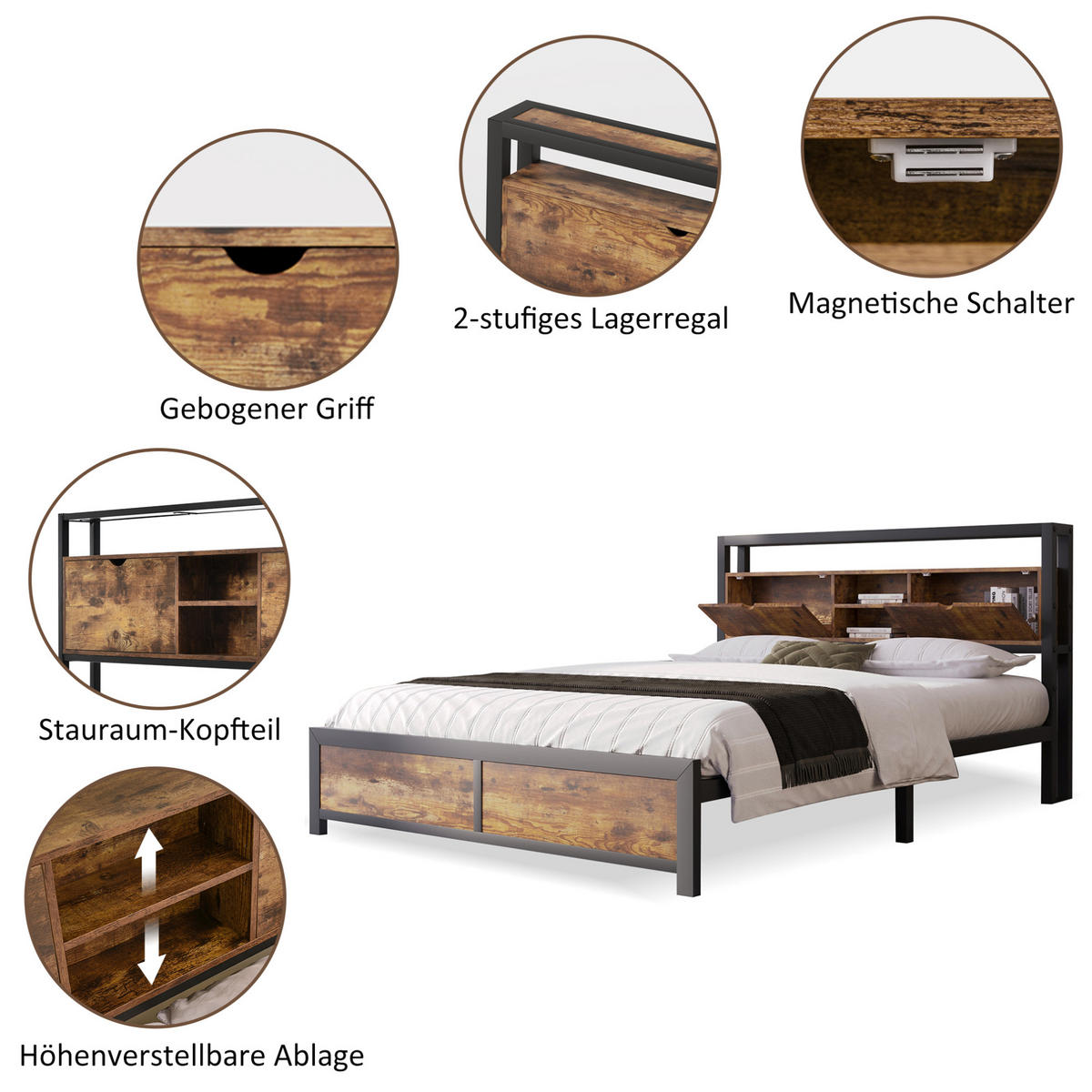 METALLBETT 140/200 cm Natur aus Metall und MDF mit Stauraum-Kopfteil - Naturfarben, Metall (140/200cm) - OKMYHOME