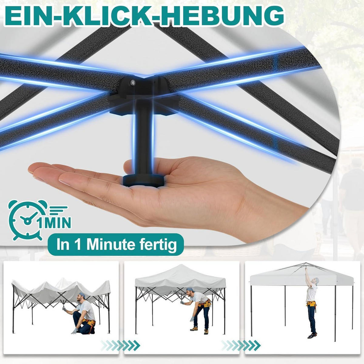FALTPAVILLON 2,5 x 2,5 m mit One-Touch Lift und Seitenwänden Weiß - Weiß, Textil (250/260/250cm)