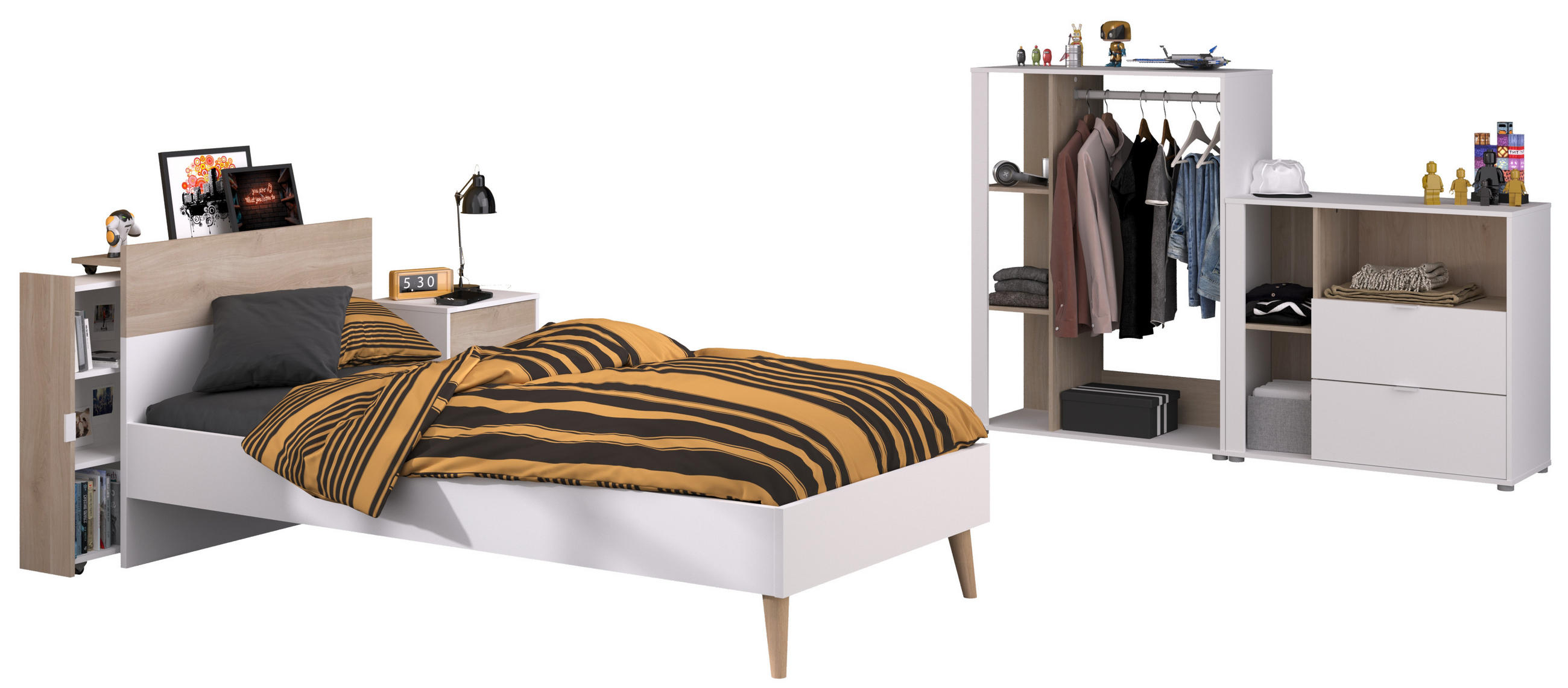 JUGENDZIMMER Aalborg 5 in Weiß und Japanischer Eiche 5 teilig - Weiß, Holzwerkstoff (120/200/80cm)