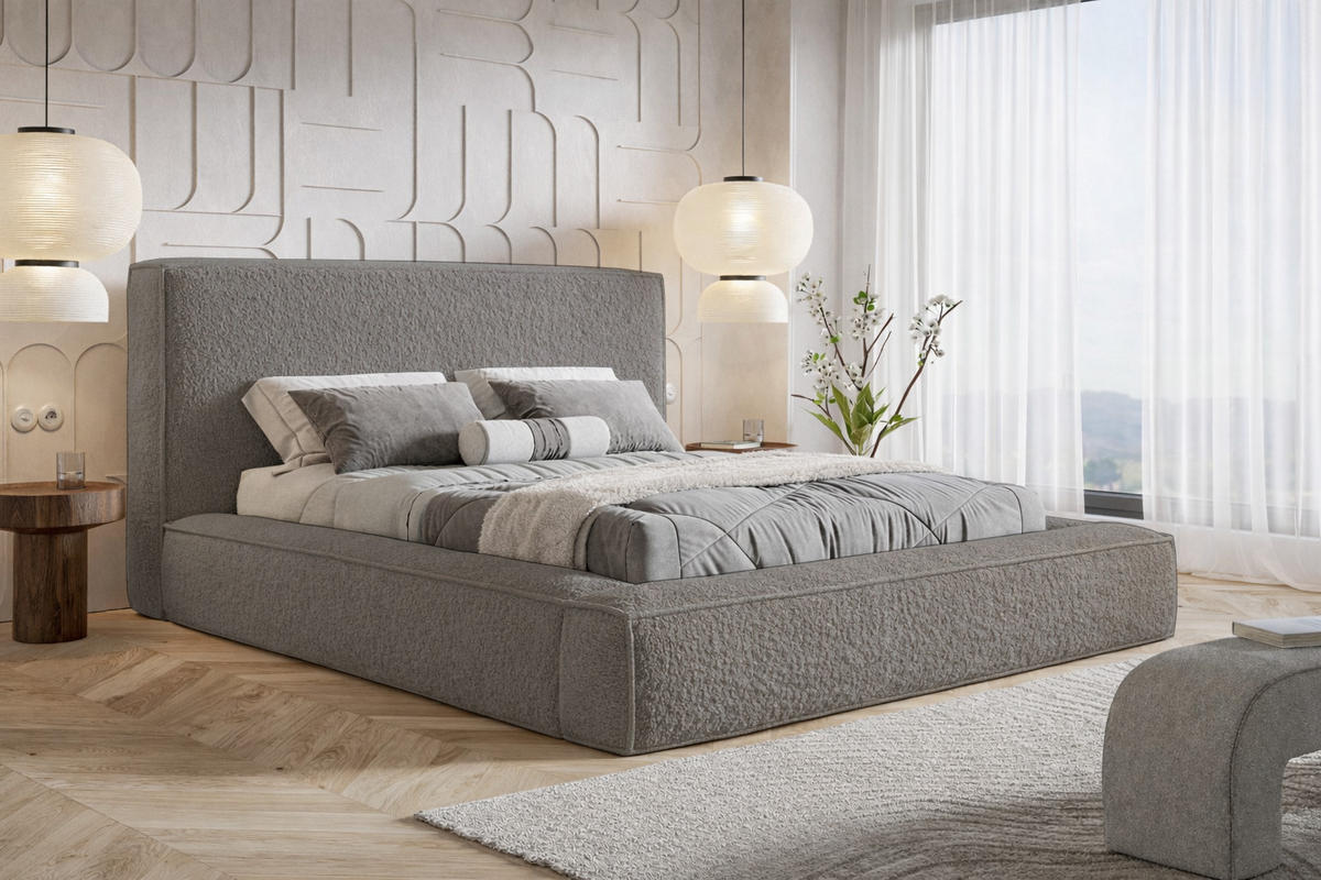POLSTERBETT Boucle 180x200 Karano, Dicker Schaum, Bettkasten, Grau - Grau, Holz/Textil (180/200cm) - Emporius