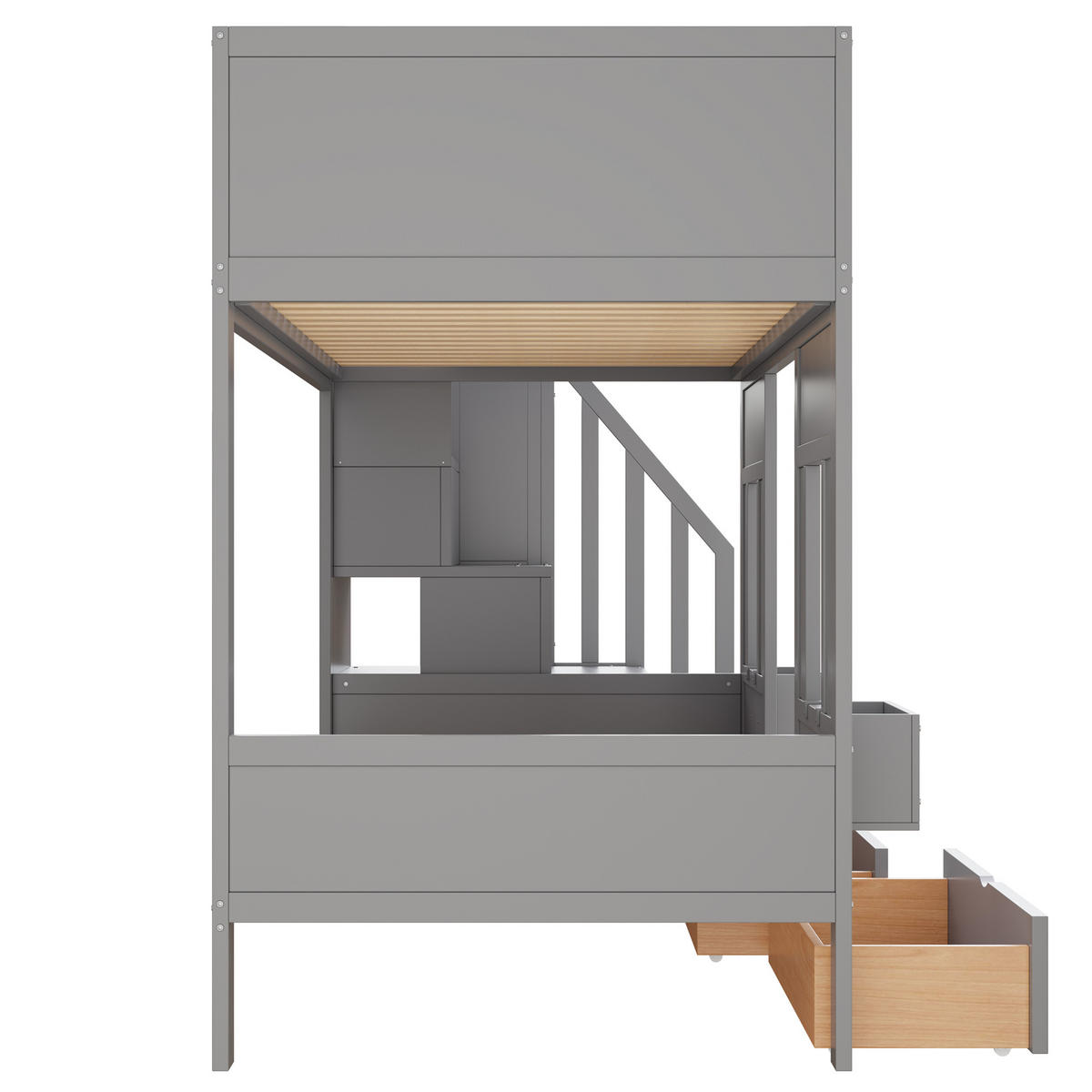 ETAGENBETT 90/200 cm DE-01539, in Grau, mit Stauraumtreppe, Schubladen und Fensterdesign - Grau, Holz (90/200cm) - ComfortXL