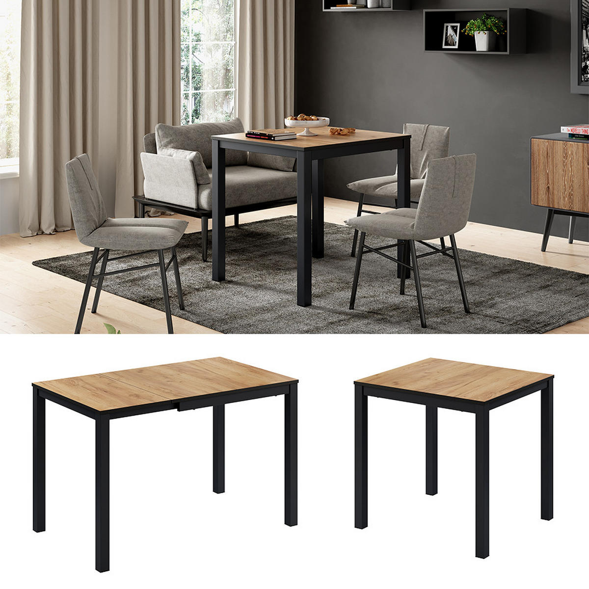 ESSTISCH Granny Eiche/Anthrazit 120 x 70 cm ausziehbar - Eichefarben/Anthrazit, Holzwerkstoff (70/120/76cm) - Vicco