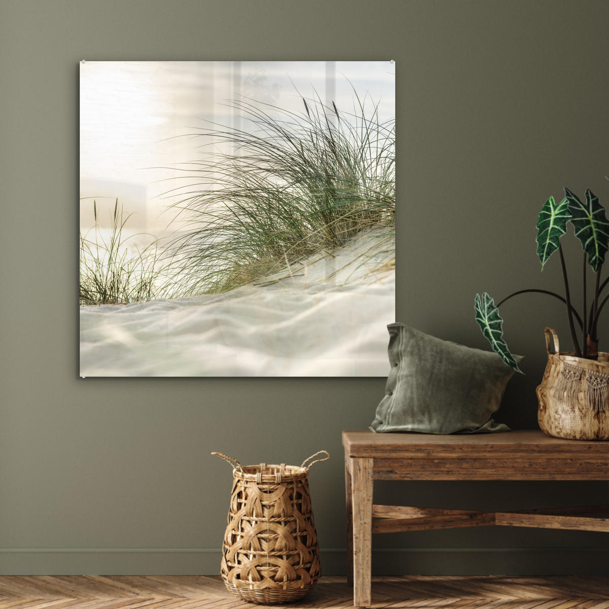 OBRAZ NA AKRYLOVOM SKLE Duny s marramovou trávou pod slnkom nemeckého národného parku Schleswig-Holsteinisches Wattenmeer 90x90 cm - krémová, sklo (90/90cm) - MuchoWow