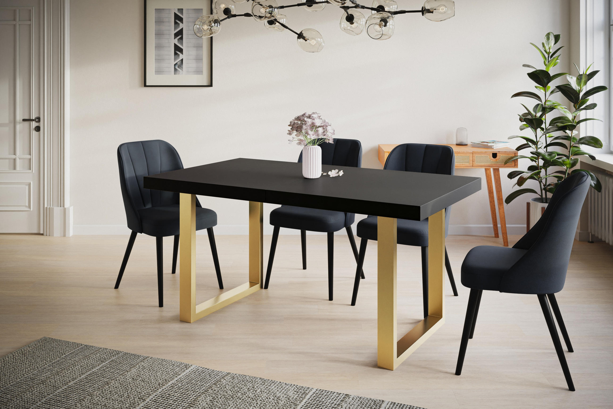 ESSZIMMERTISCH LOFT-U 200X100X77 cm, Farbe: Schwarz, mit Metallbeinen in Farbe Gold - Goldfarben/Schwarz, Holzwerkstoff (200/100/77cm) - Alpi-Möbel