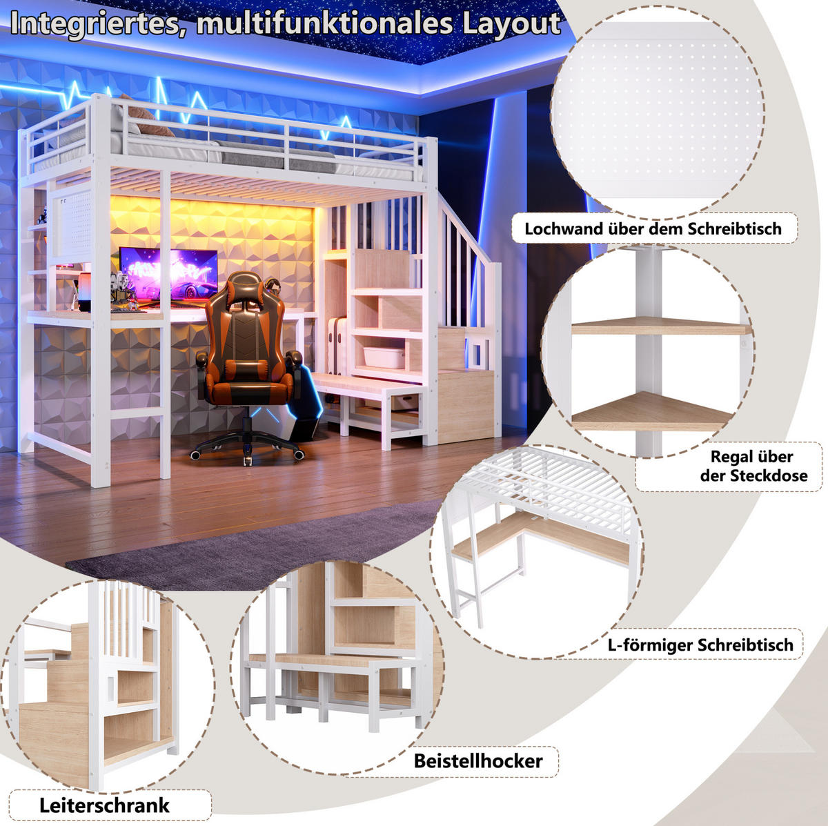 HOCHBETT Metall/MDF 90x200 cm Weiß mit Schreibtisch, Stauraumtreppe, Regalen, Lochwand, LED & USB - Weiß, Holzwerkstoff (90/200cm) - Modfu