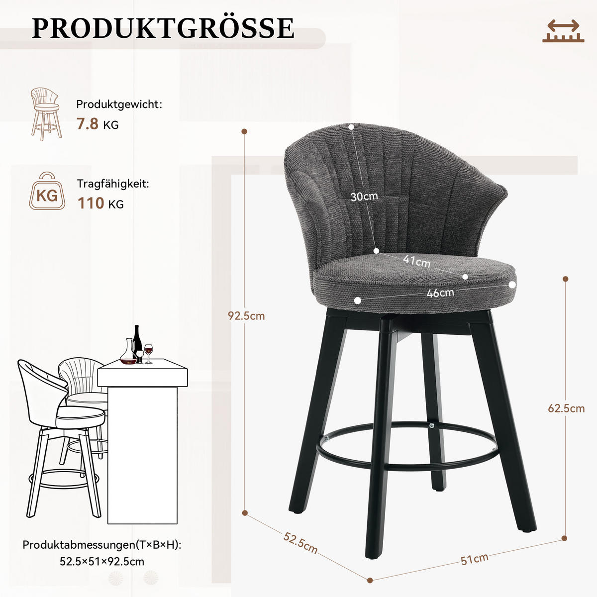 BARHOCKER DE-36257 2er-Set mit 360°-Drehung Grau - Grau, Metall (51/92.5/52.5cm) - ComfortXL