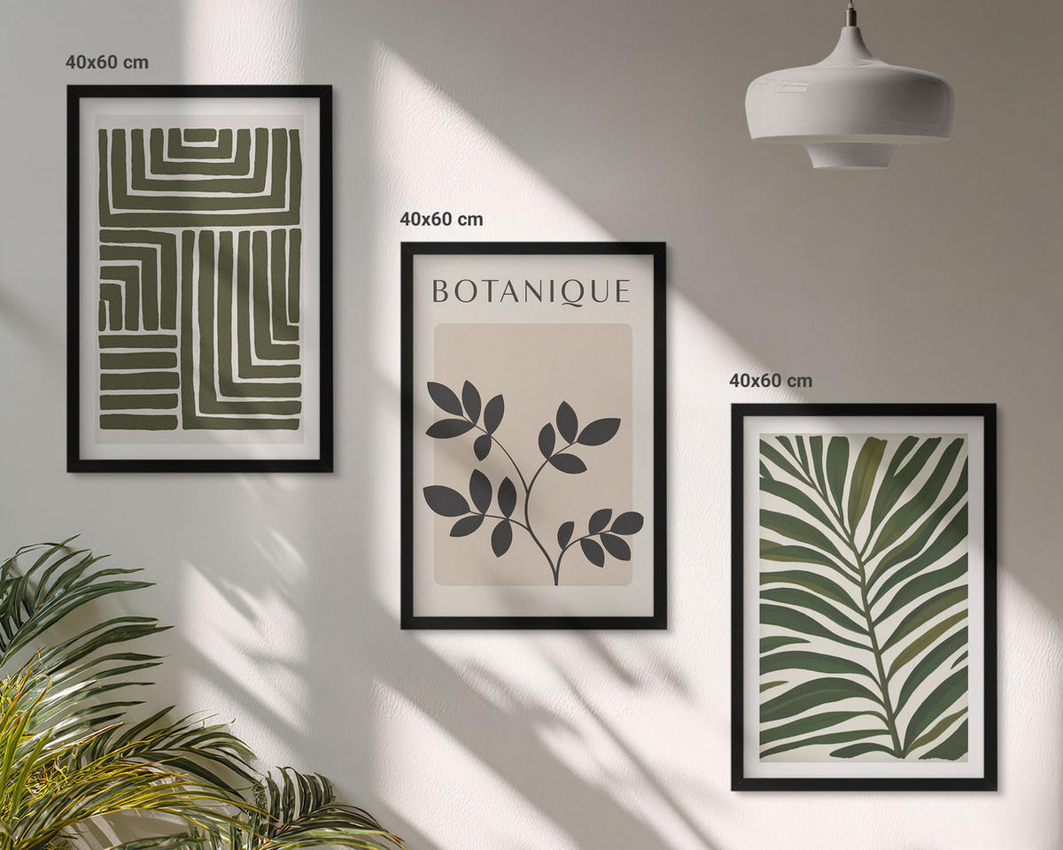 BILDER SET 3er Set - 40x60 cm Schwarzer Rahmen - Botanischer Boho-Minimalismus - Schwarz, Kunststoff (40/60cm) - TULUP