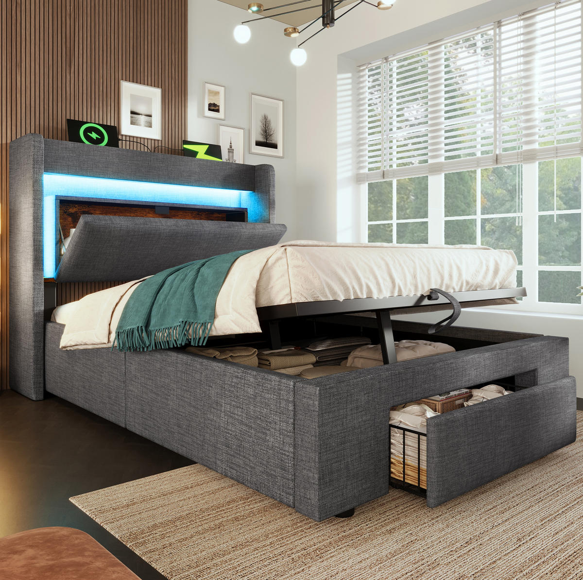BETT mit Stauraum & LED 90x200 cm Leinen Grau - Grau, Metall (90/200cm) - Meubliv