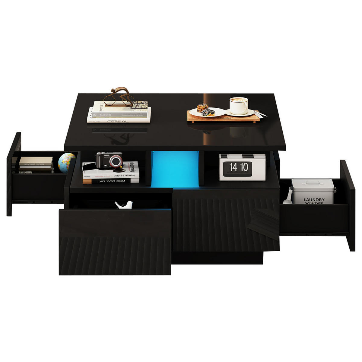 COUCHTISCH 70x70cm Schwarz Hochglanz LED 4 Schubladen Geometrisch 30kg Belastung - Schwarz, Holz (52.07/49.61/20.32cm) - FLIEKS