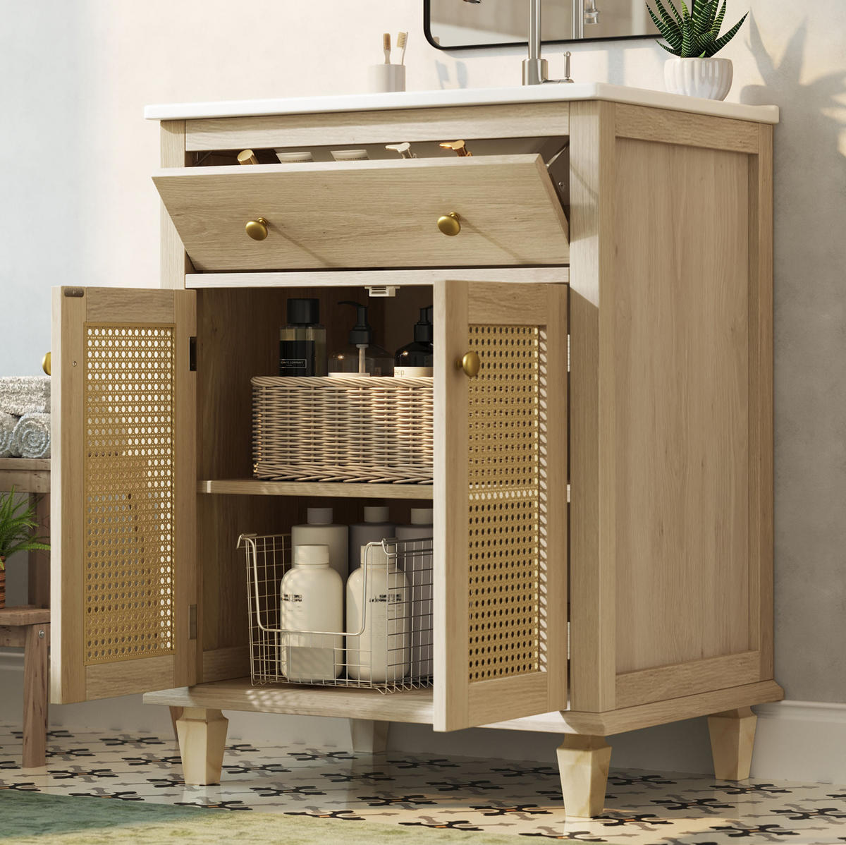 WASCHTISCHKOMMODE aus Keramik und MDF 61x47x87 cm Naturholzoptik mit Klappschublade und Rattan-Türen - Eichefarben, Keramik (61/87/47cm) - Modfu