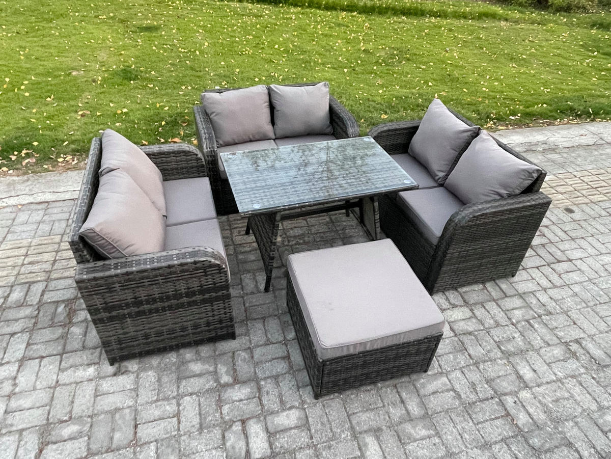 GARTENMÖBELSET mit ESSTISCH,SOFA Polyrattan 7-Sitzer - Dunkelgrau/Grau, Glas/Kunststoff - Fimous